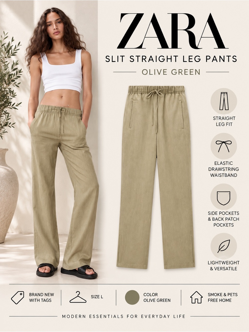 ZARA Olive Green Slit Straight Leg Pants NWT Size L Drawstring Waist